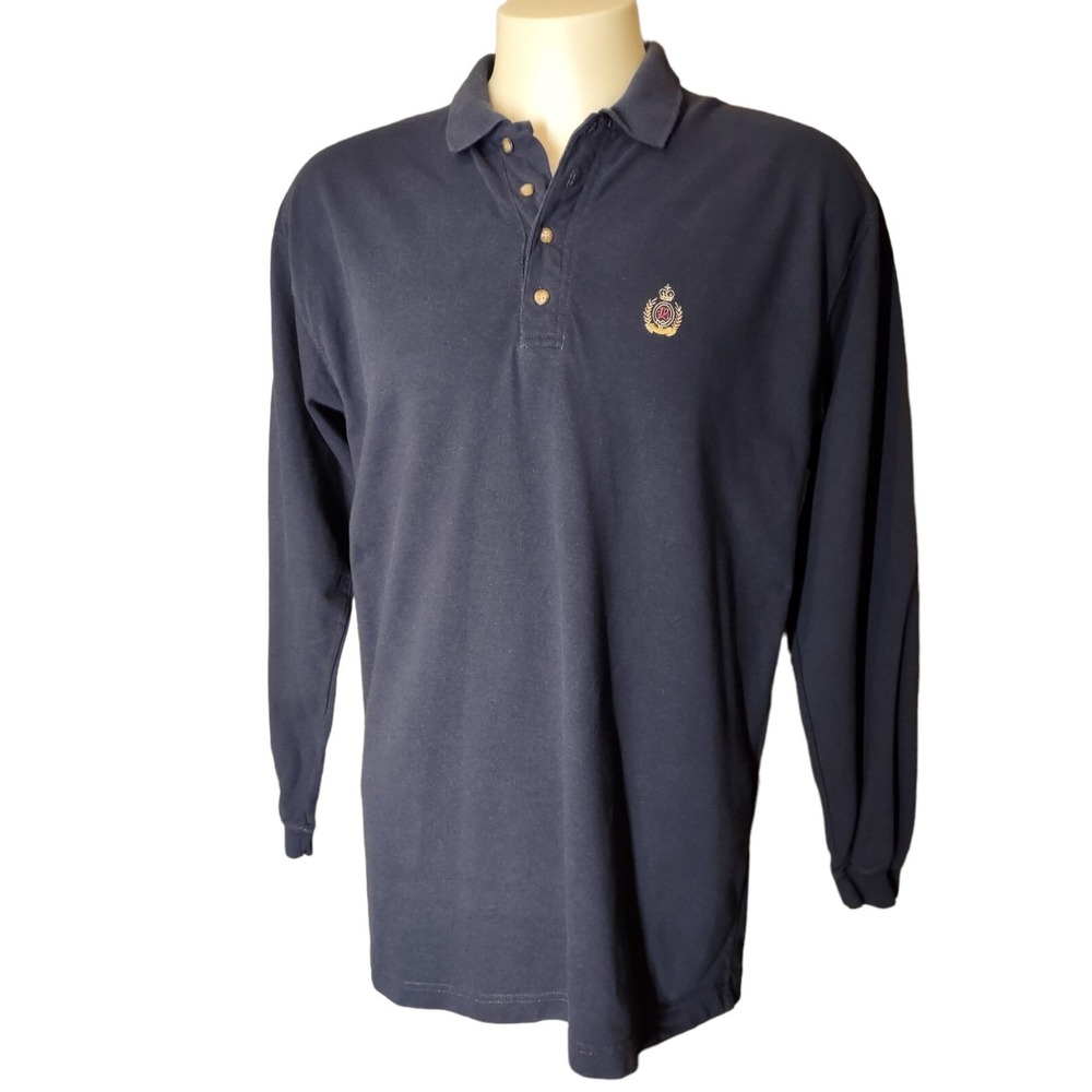 Bugle Boy Polo Shirt Mens XL Blue Long Sleeve Crest Log Preppy Vintage Norm Core